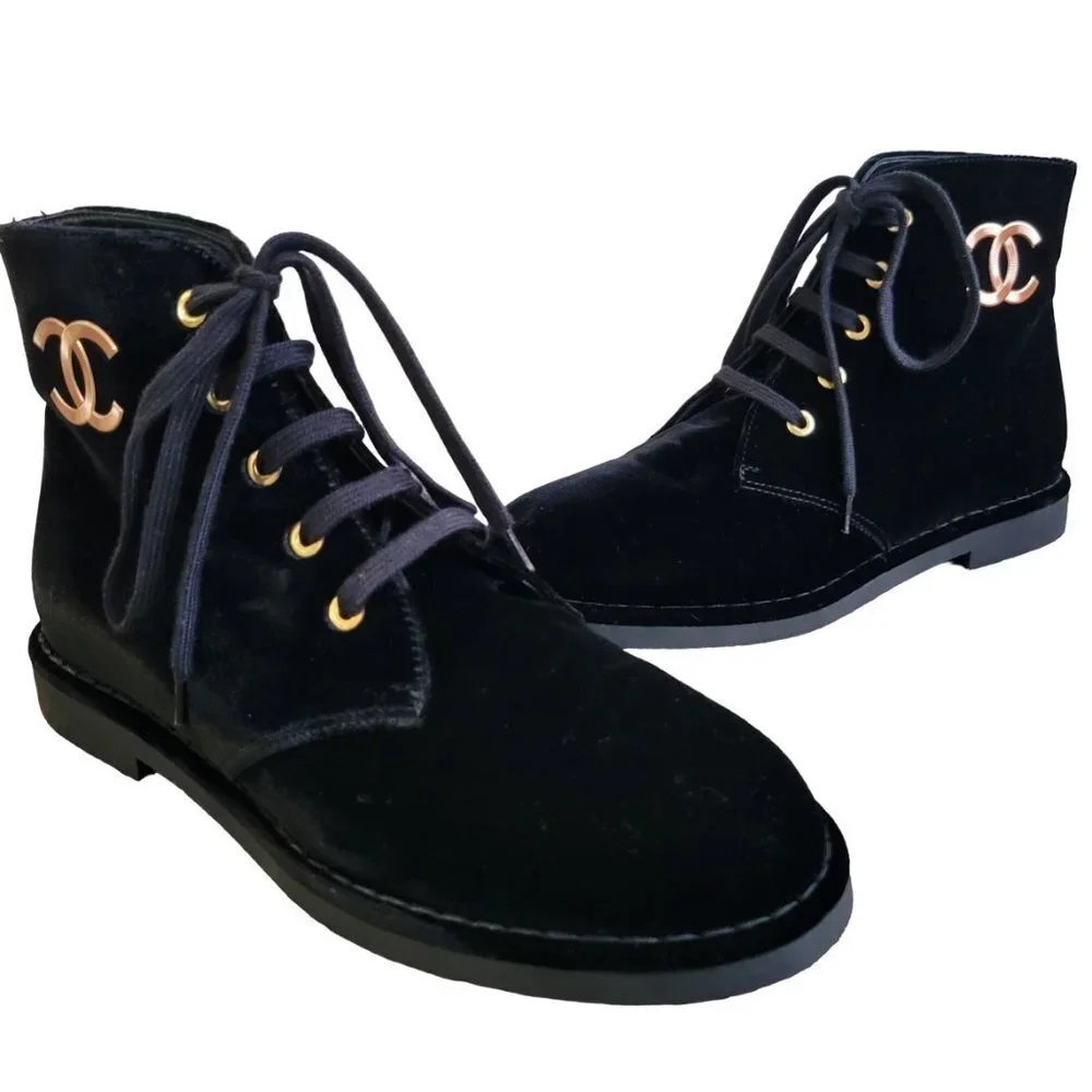 NEW-Chanel Velvet Ankle Combat Boots Size 37